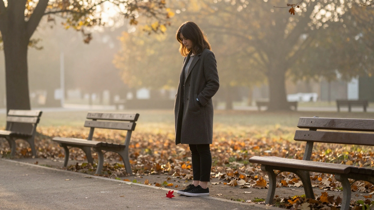 Person standing alone in a quiet park at dawn, phone out of sight, golden light filtering through trees.
