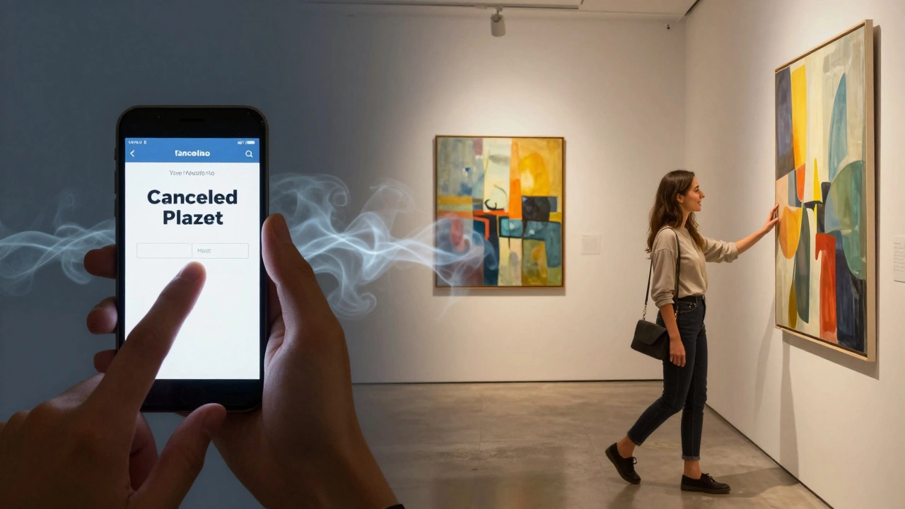 Woman walking through an art gallery while a man&#039;s hand hovers over a canceled text, symbolic split scene.